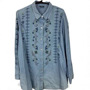 J.Jill Denim Embroidered Blue Chambray Shirt Womens L Western Boho Country